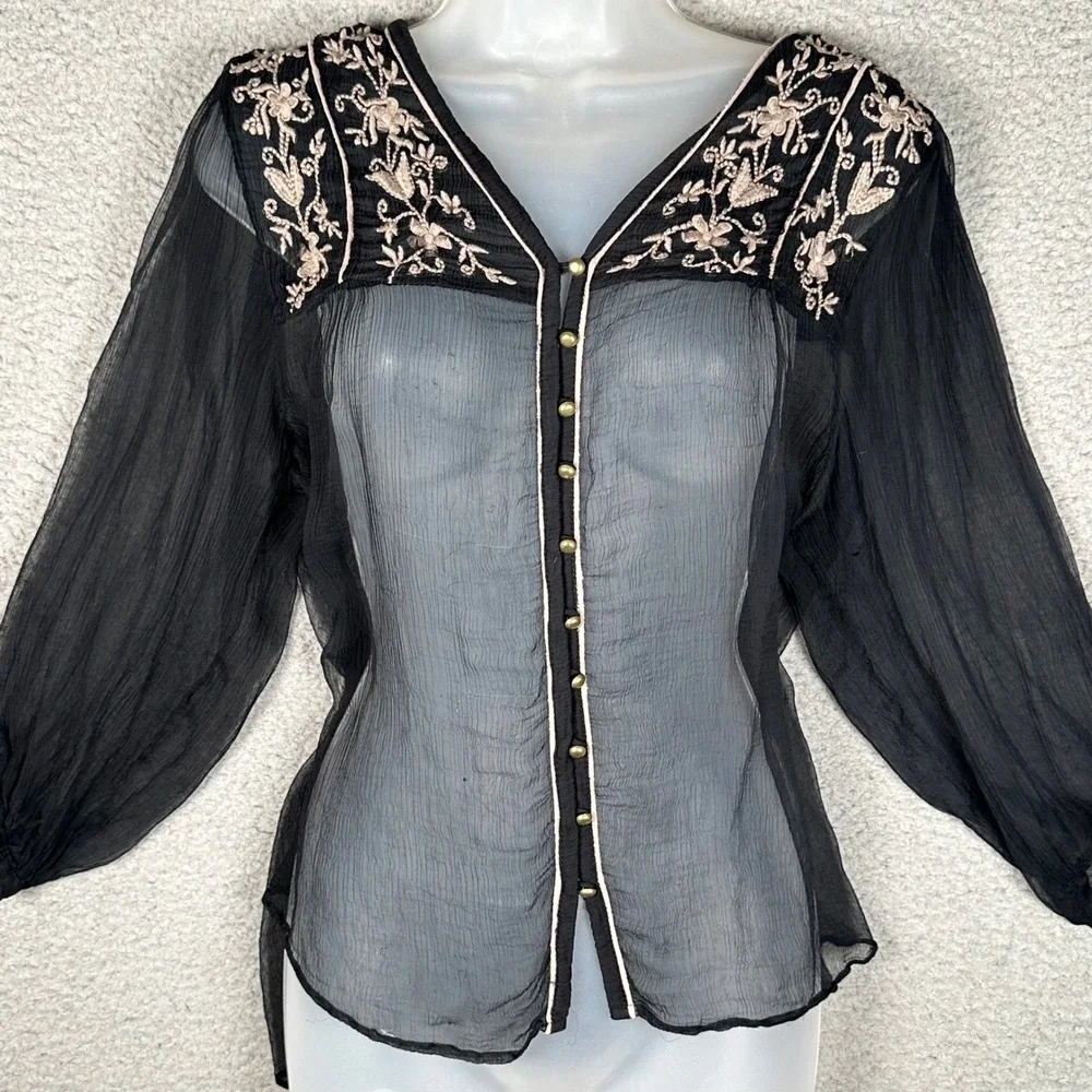 Free People Piped Dreams Blouse Women's S Black Sheer Embroidered Boho Gothic